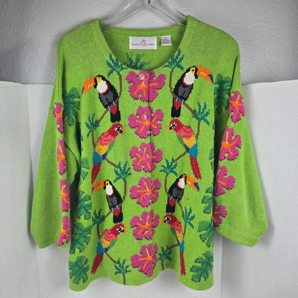 Jane's Closet Knit Cardigan XL Tropical Toucan Parrot‎ Beaded Grannycore Vtg 90s
